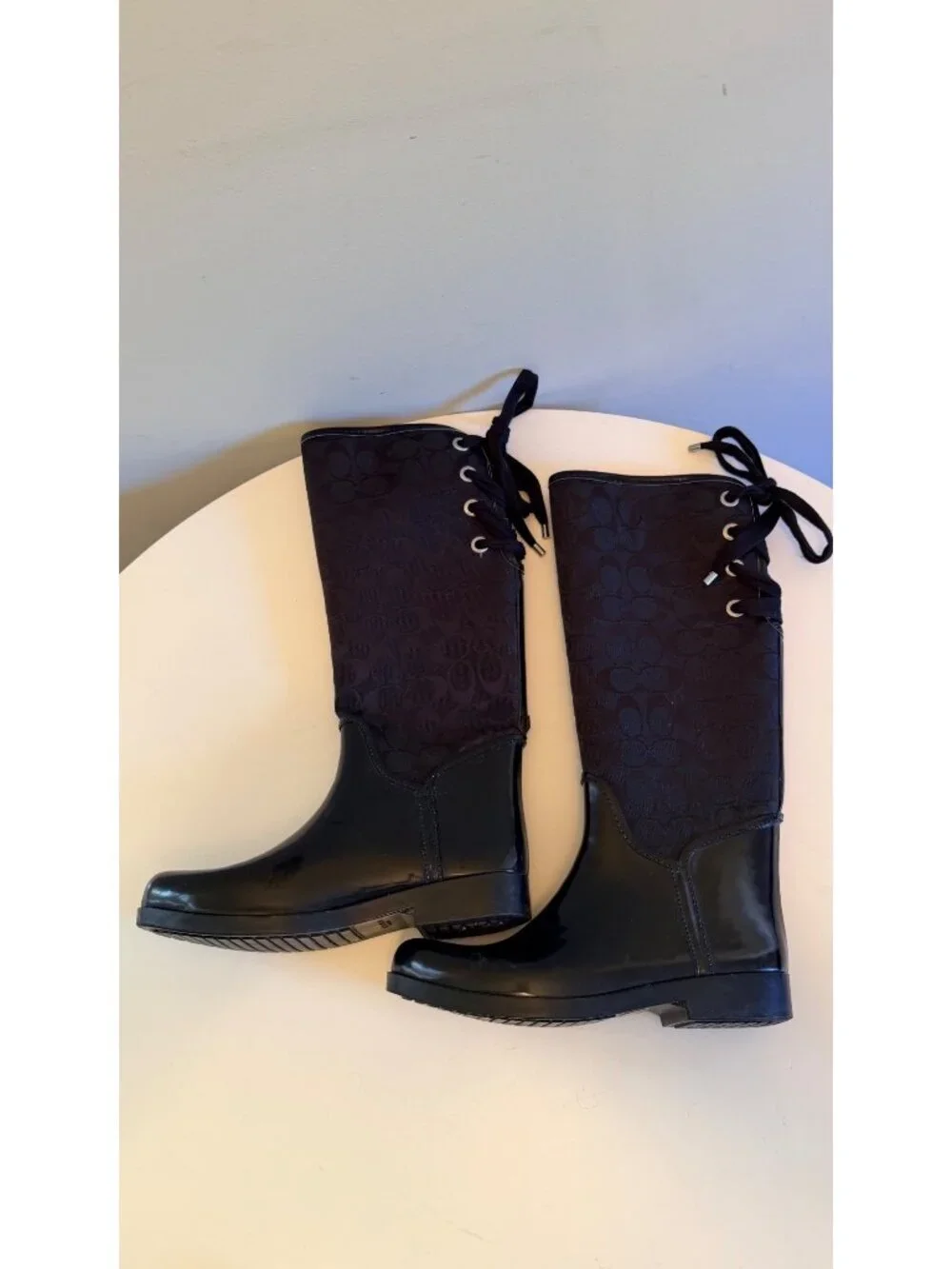 Coach Tristee Black Lace-Up Corset Signature Logo Rain Boots Black Size 9 B READ
